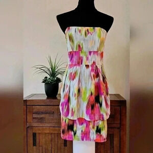 Poet Strapless Mini Dress Colourful Pink Green Short Dress Size 7 Cotton